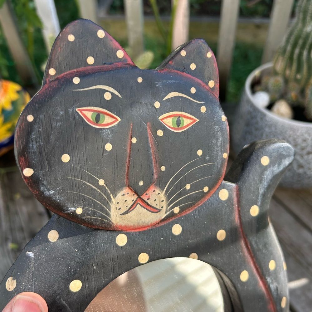 Vtg 90s Whimsical 12.5” X 8” Black Polk a Dot Cat Boho Mirror Indonesia - Picture 15 of 15